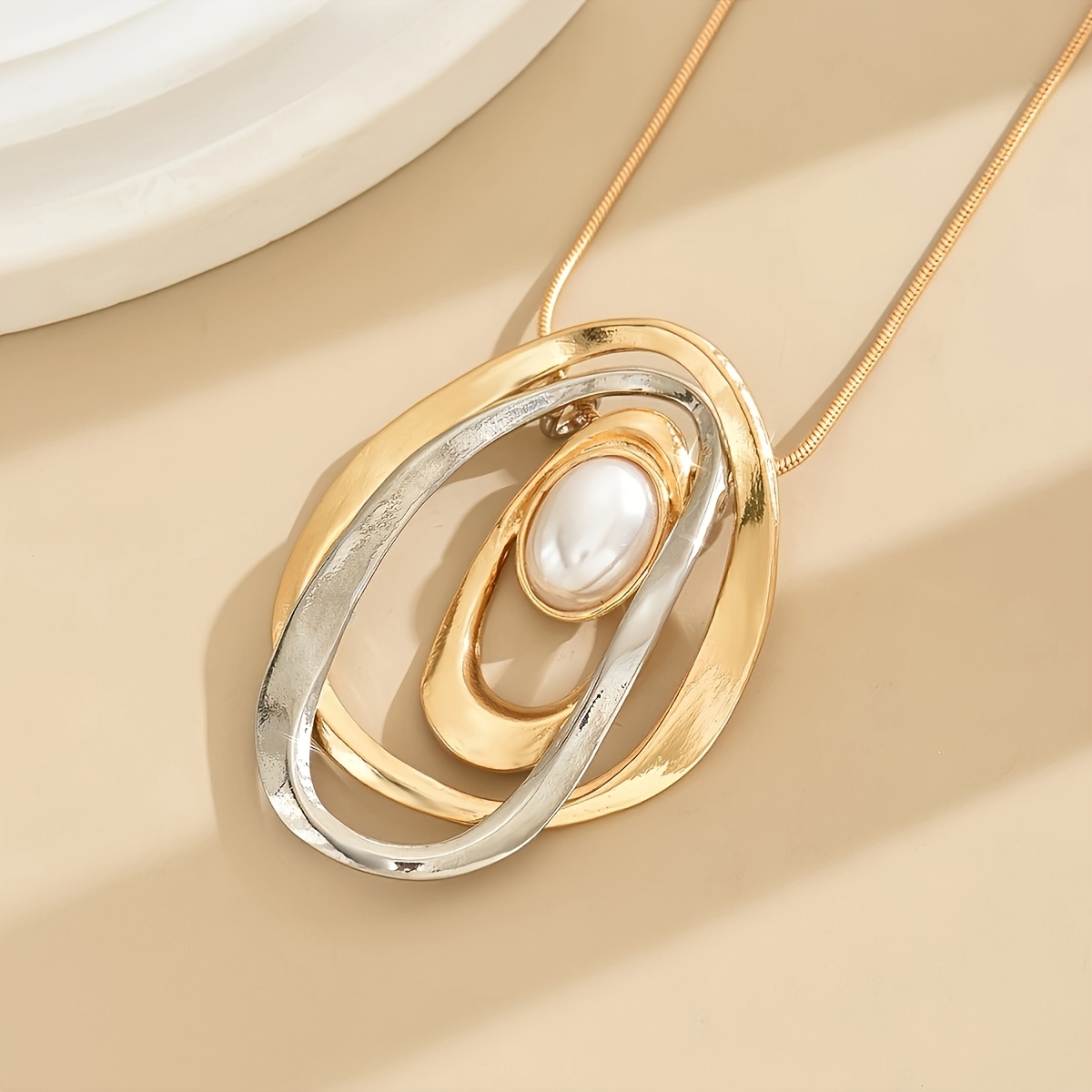 Geometric Oval Pendant Necklace with Beads